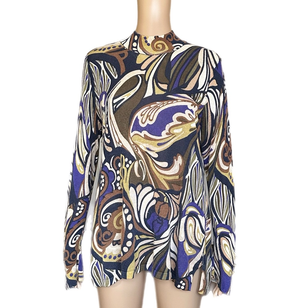 Chico's Artsy Mod Swirl Print Mock Neck Long Sleeve Knit Sweater Top Size 1 US 8